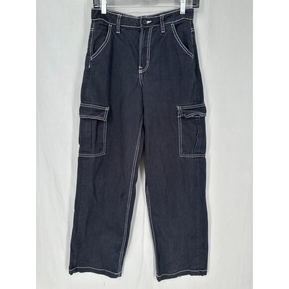 HM Pants Women 0 Black Cargo Baggy High Rise Wide Leg Contrast Stitch Y2K Grunge - Picture 1 of 8